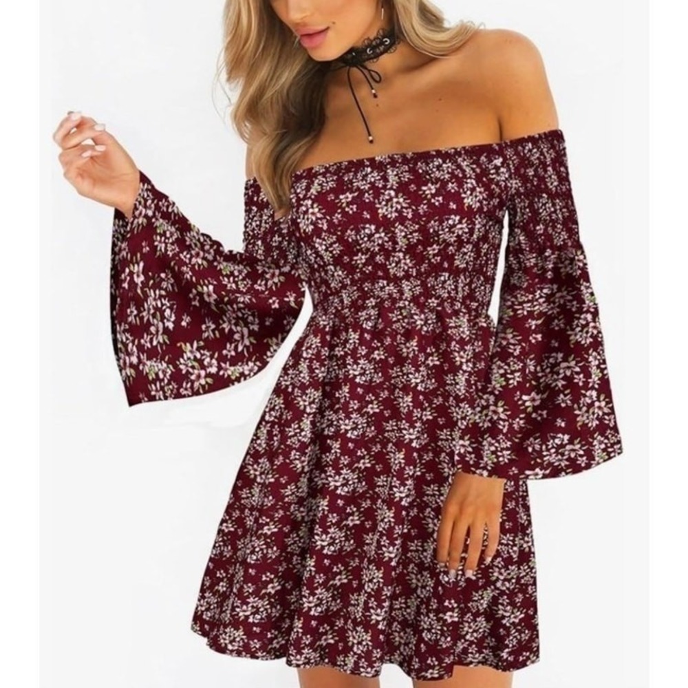 Boho Red Floral Off Shoulder Mini Dress Bell Sleeve Hippie Casual Western LARGE